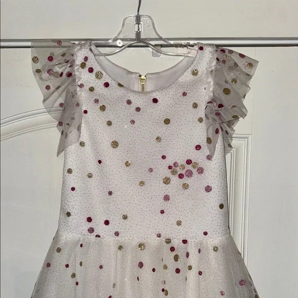 Girls' White Dress with Pink and Gold Polka Dots